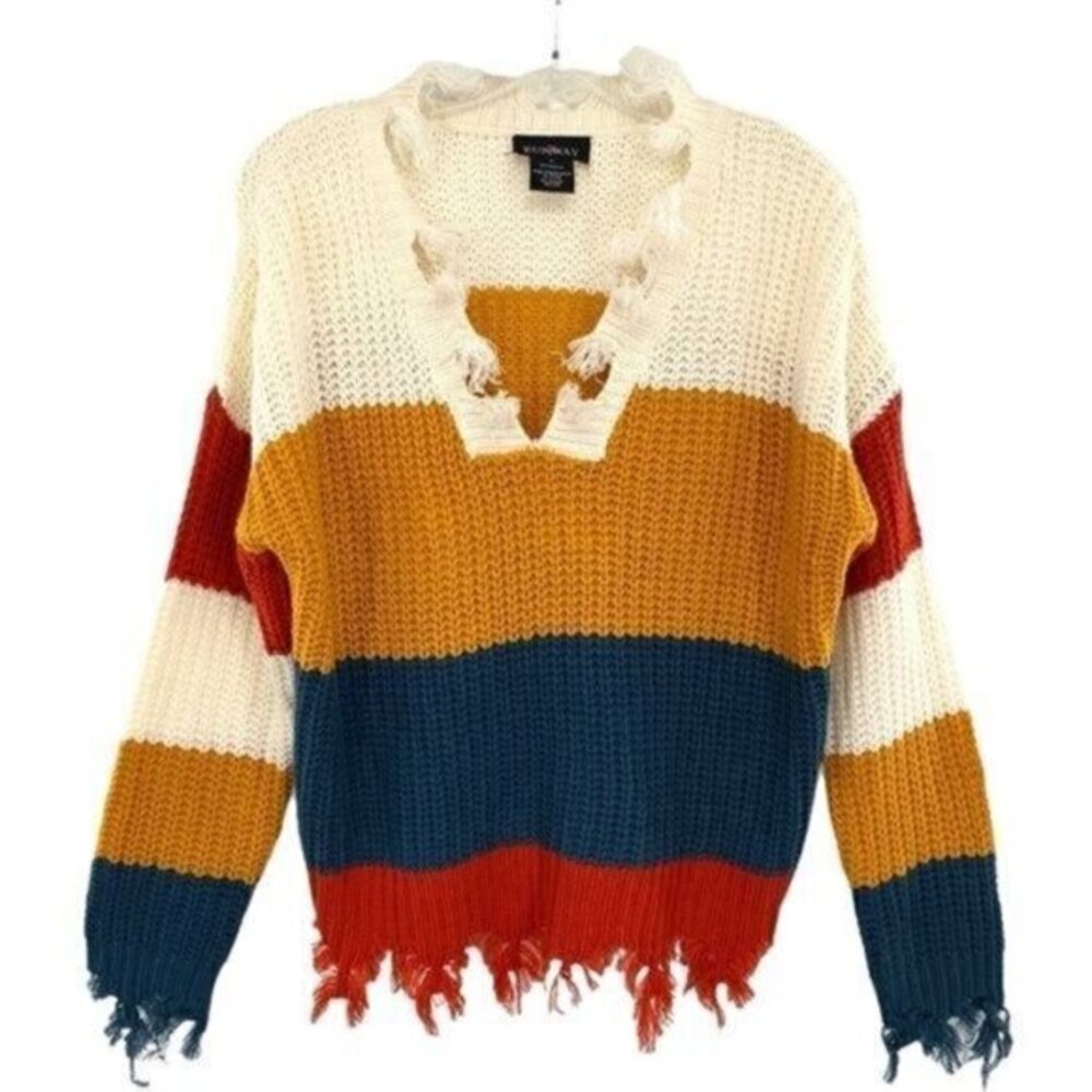 Runway 7 Distressed Knit Colorblock Sweater Grunge Skater